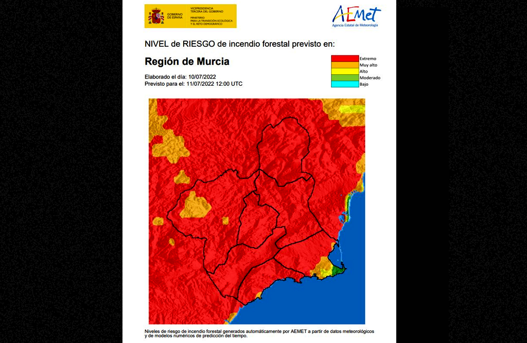 El nivel de riesgo de incendio forestal previsto para hoy es extremo en toda la Región
